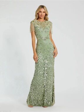 Mac Duggal 4908 Green High Neck Beaded Fringe Fitted Gown Size 6 NWT